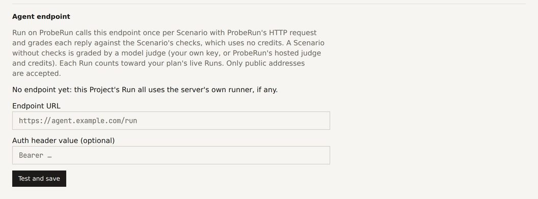 Agent tab: an Agent endpoint form with Endpoint URL, an optional auth header value and a Test and save button