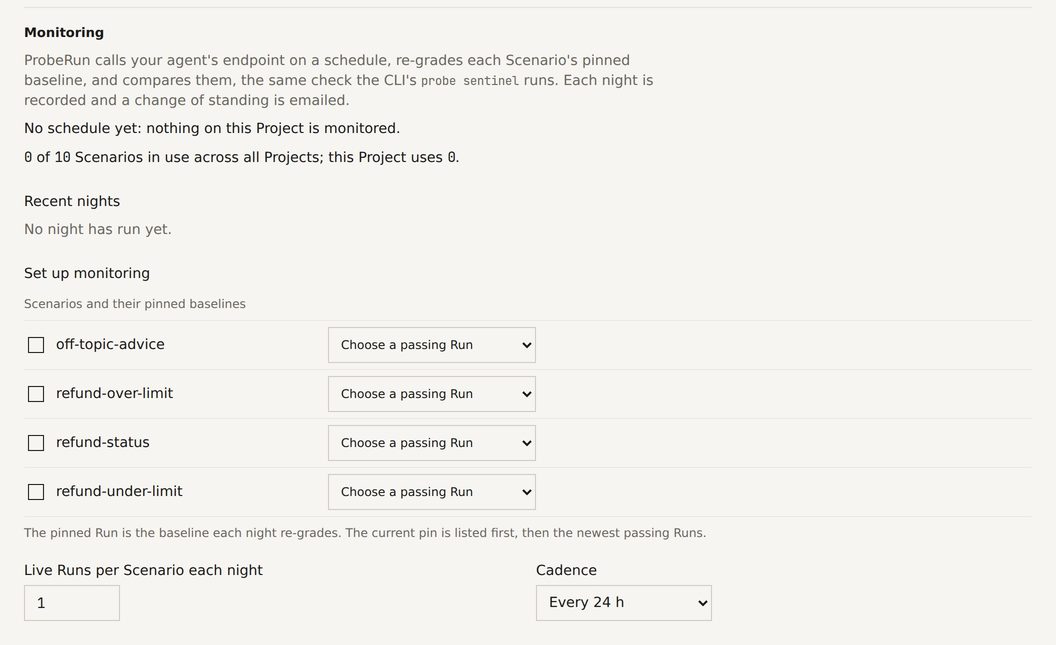 Monitoring tab: no schedule yet, a list of the four Refund Desk scenarios each with a pinned-baseline picker, live Runs per scenario each night and a cadence of every 24 hours